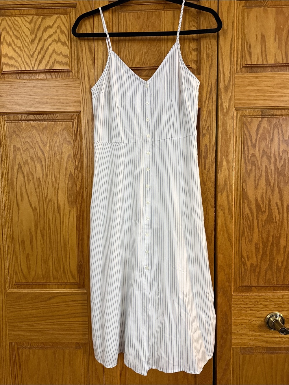 Abercrombie & Fitch White Midi Slip Dress with Navy Pinstripes